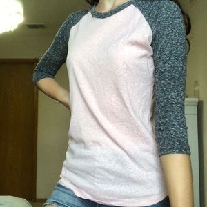 light pink and grey heathered baseball tee